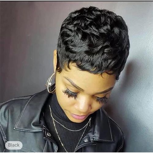 Human hair flat head pixie wig _blacl