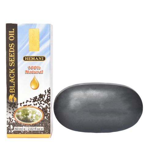 Hemani 100 % Natural Organic Black Seeds OiL 60mL Plus Organic Black Seed Herbal Bar Soap-COMBO PACK.