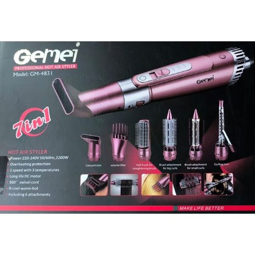 Gemei 7-in-1 Hot Air Styler Multi-Functional Hair Styling Tool With 6 Attachments"