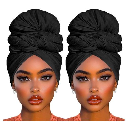 2 Piece Head Wraps Stretch Jersey Turban Fashion Head Scarf African Women's Solid Color Head Wrap Soft Extra Long Head Scarf Lightweight Breathable Head Bands for Black Women(Black+Black)