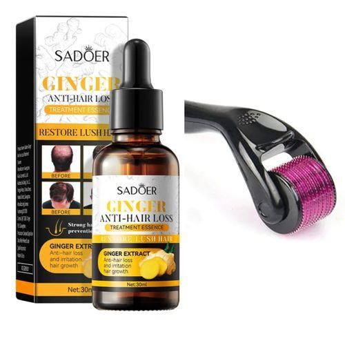 SADOER Derma Roller Hair Growth 0.5mm + Ginger Anti Hairloss Treatment Essence, Hair Growth Restoration Anti Hair Loss Serum DermaRoller