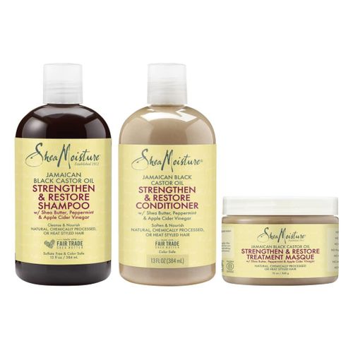 Shea Moisture Jamaican Black Castor Oil Hair Care Trio Regimen containing Strengthen and Restore Shampoo, Conditioner and Masque for Damaged Hair with a FREE 10 Piece Professional Styling Comb Set.