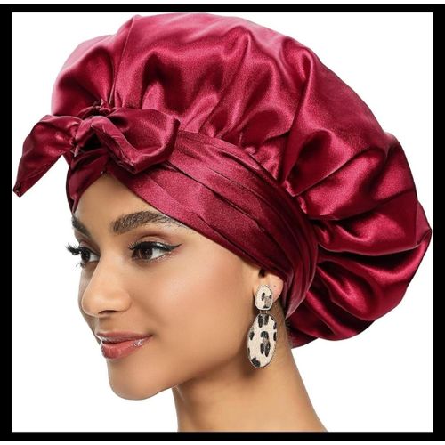 Satin Smooth Satin Bonnet For Women Jumbo Hair Bonnet Stretchy Tie Band-Maroon