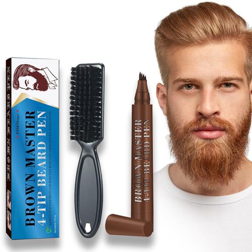 Guanjing Brown Master 4 Tip Beard Pen Filler Facial Hair Moustache Repair Shape + Brush Bristle Waterproof Sweatproof Natural Long-lasting Coverage Mustache Set Kit Define Colour Enhance Styling Thickener