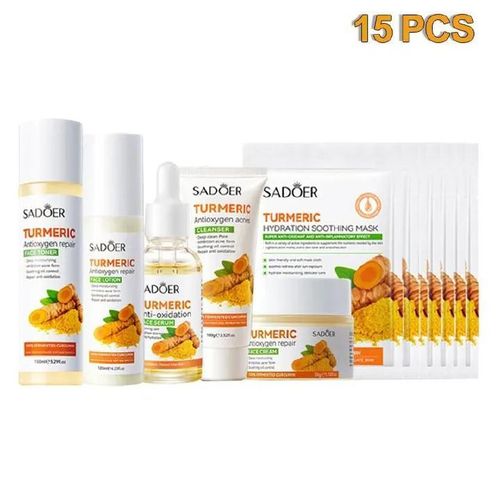 SADOER 15PCS Skin Care Set Turmeric Cleansing Moisturizing Antioxidant Set Gifts Set Face Lotion + Face Toner + Face Serum + Face Cream + Antioxygen Acnes Face Cleanser + 10PCS Face Masks