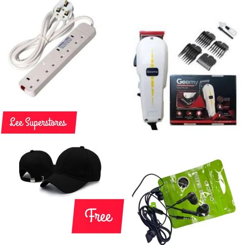 Geemy PROFFESIONAL HAIR CLIPPER + FREE BASEBALL CAP/BASS EARPHONES /4 WAY POWER EXTENSION