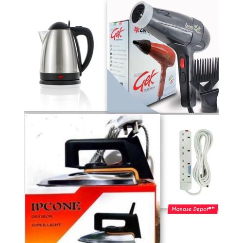 Ceriotti Hair Blow Dryer + Complete Home Kit: Dry Iron, 4-Way Extension, 1.8L Electric Kettle - Styling, Ironing & Boiling Combo Set