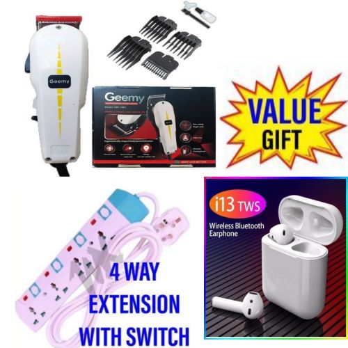 Geemy Shaving Machine & 4 Way Power Extension + I13 Airpods