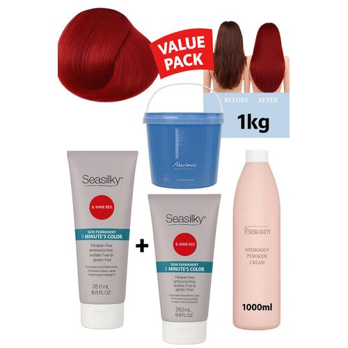 Seasilky Wine Red Hair Color Value Pack – 2x Semi-Permanent Dyes (260ml Each) + 1kg Bleach Powder + 1000ml Developer – Professional Hair Lightening & Coloring Kit with Free Gloves & Instructions- Burgundy Red Hair Dye- Maroon Hair Dye- Red Hair Dye
