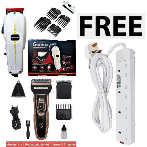 Geemy Professional Barbering Hair Shaving Machine-Kinyozi + Free 3 In 1 Electric Rechargeable Shaver Nose, Smoother & 4 Way Power Extension Cable