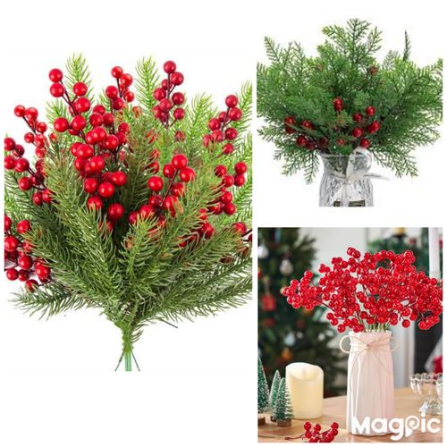 20 Pieces Artificial Pine Branches Christmas Holly Berries Artificial Red Berry Stems for Christmas Wreath Decorations Xmas Tree Decoration
