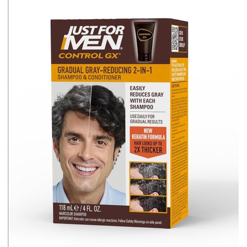 Just For Men Control GX Grey Reducing 2-in-1 Shampoo and Conditioner, Gradual Hair Color with Keratin for Stronger Thicker and Healthier Looking Hair, 4 Fl Oz