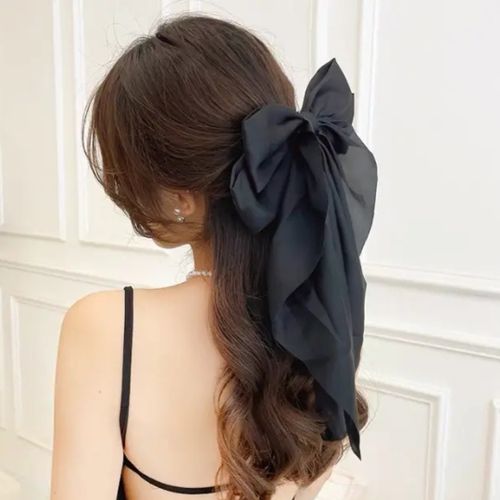 Quality Oversized Black Color Hair Barrette Sweet Silky Satin Ribbon Big Hair Bows Hair Clips