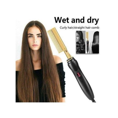Hot Comb, Electric Hot Comb Hair Straightener For Wigs, Professional Ceramic High Heat Press Comb, Multifunctional Copper Hair Curler, Portable Anti-Scald Beard Straightener- Gold