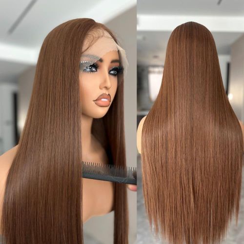 Flossy Chocolate Brown Straight Lace Front Wigs Human Hair 180% Density 5x5 HD Transparent Lace Straight Frontal Wigs Human Hair for Women Pre Plucked