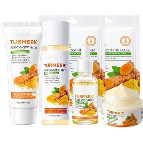 SADOER Turmeric Skincare Set For Anti-Aging Glowing Skin,Include Face Cleanser, Turmeric Oil Serum-Toner-Face Cream-and 2 Tumeric Sheet Mask For Dark Spot Corrector Remover Anti Aging Firming(Set) 6pcs