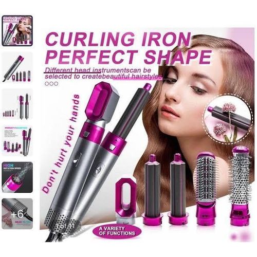 Electric 5in1 Hot Air Styler 1000W Hair Dryer Brush with Curling, Straightening and Volumizing Attachments for All Hair Types β Salon Styling Tool for Women
