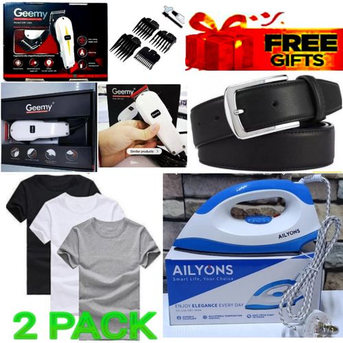 Geemy BEST ELECTRIC PROFESSIONAL HAIR TRIMMER SHAVING MACHINE ELECTRIC HAIR SHAVER ALL STYLES SHAVING MACHINE FOR MEN, WOMEN,LADIES, GENTLEMEN, HUSBAND, WIFE ,STUDENTS ELECTRIC SHAVING MACHINE + ELECTRIC IRON BOX-1000W & TSHIRTS// T-SHIRTS & BELT
