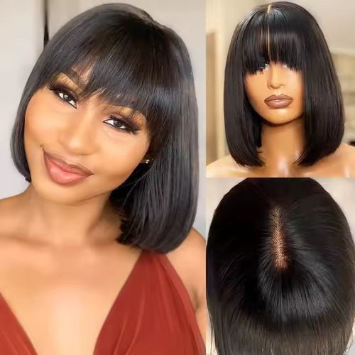 Human Hair HD Lace Bob With Bang Glueless Wig + Free wig Cap