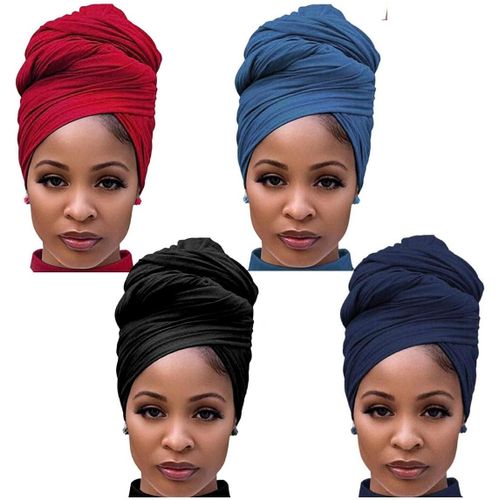 Stretch Jersey Head Wrap Stretchy Knit Turban Headwraps Long Hair Scarf Urban African Head Wrap Head Band Ultra Breathable Soft Turban Tie for Women (Black Navy Blue Red Blue), Large