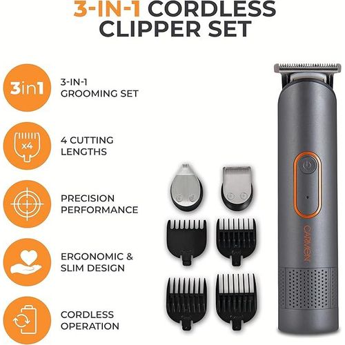 Carmen Titan Men’s 3-in-1 Cordless Hair Clipper Set With Detail Trimmer, 4 Comb Lengths, Rechargeable, Titanium