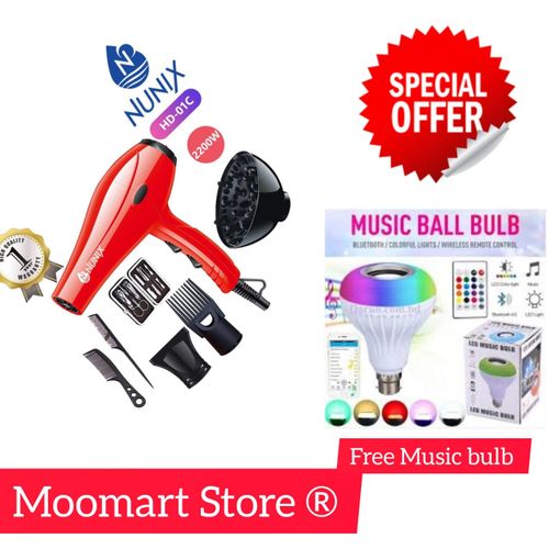 Nunix BLOW DRIER 2200W WITH ACCESORIES + FREE BLUETOOTH MUSIC BULB