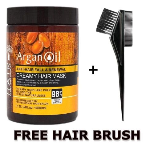 Argan Oil Creamy Hair Mask Anti-HairFall And Renewal Perfect For Damaged, Dry, Curly, Frizzy Hair - Thickening Formula For Fine/Thin Hair, Safe For Color And Keratin Treated Hair PLUS A Free Hair Scalp Brush.