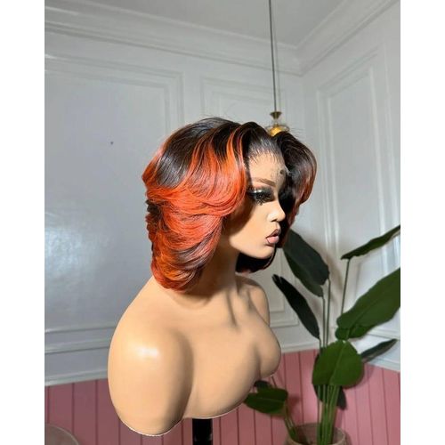 Short 10inch body wave Preplucked bleached knots hundred percent human hair wig hd lace deep brown ginger highlight with black streaks wig