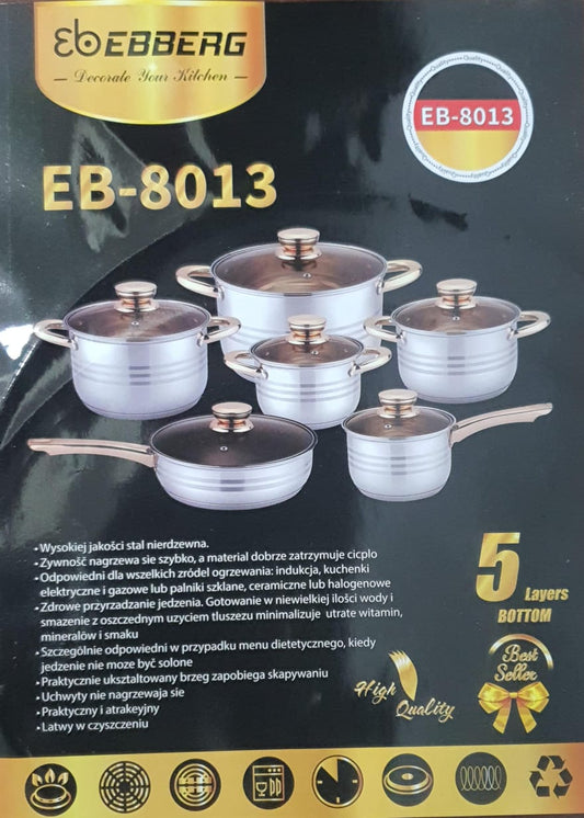 12pc Norbitcon EbEBBERG 93 Premium Aluminium Cookware Set β Golden Caps & Handles, Durable Nonstick Pots (2.1L to 6.6L)