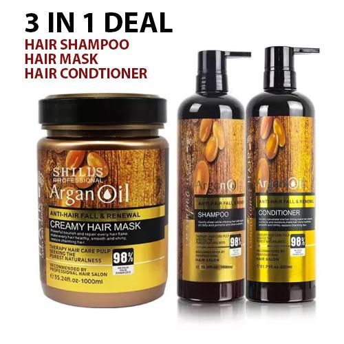 Moroccan Argan Oil Shampoo, Conditioner And Hair Mask Set, Perfect For Damaged, Dry, Curly, Frizzy Hair - Thickening Formula For Fine/Thin Hair, Safe For Color And Keratin Treated Hair PLUS A Free Hair Scalp Massager Shampoo Brush.