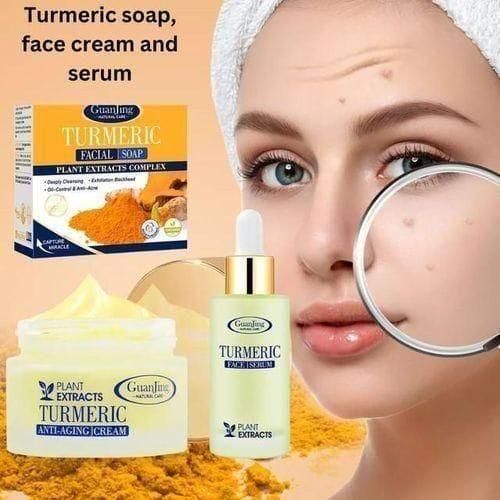 Guanjing 3Pack Tumeric Face Cream-Brighten,remove Dead Skin Cell, Serum & A Bar Soap
