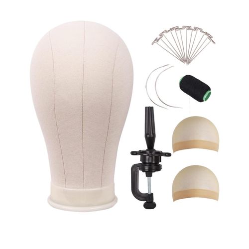 23 Inch Canvas Block Head Wig Head With Stand for Making Wig Head Display Styling (Beige)