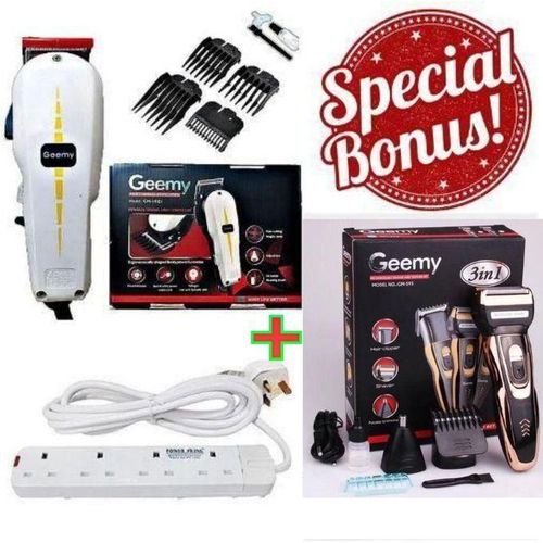 Geemy Professional Barbering Hair/Shaving Machine-Kinyozi & Best 4 Way Power Extension Cable & Rechargeable Smart 3 in 1 Hair Clipper/Trimmer With Smoother