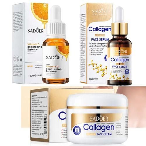 SADOER 3-in-1 Vitamin C Essence + Collagen cream + Hyaluronic Acid Brightening,glowing & Anti-Aging Skincare Set for Ultimate Glow & Firmness