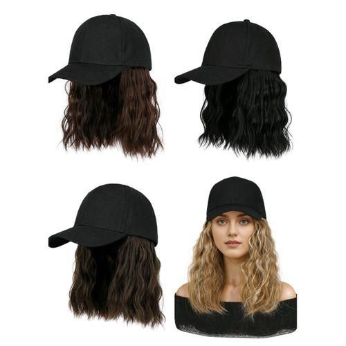 Hat Wig for Women, Short Wave Baseball Cap Wig with Curly Synthetic Hair Extensions, Adjustable Brown Black Baseball Hat Wig