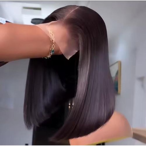 Human Hair blend 2*4 closure bob wig 250% density __black. Can be washed,blowdried and flat ironed
