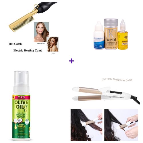 WIG Styling Set Hot Comb , 2 In1 Flat Iron , Glue, Remover,