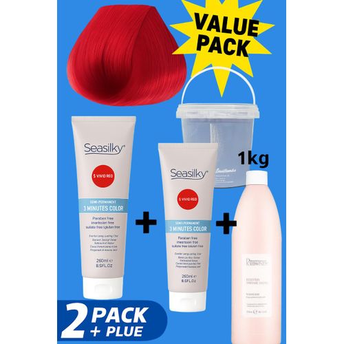 Seasilky Vivid Red Hair Color Value Pack – 2x Semi-Permanent Dyes (260ml Each) + 1kg Bleach Powder + 1000ml Developer – Professional Hair Lightening & Coloring Kit with Free Gloves & Instructions – Fire Red Hair Dye- Bright Red Hair Dye