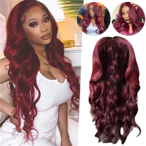 Women's wig wine red long curly big wave wig
