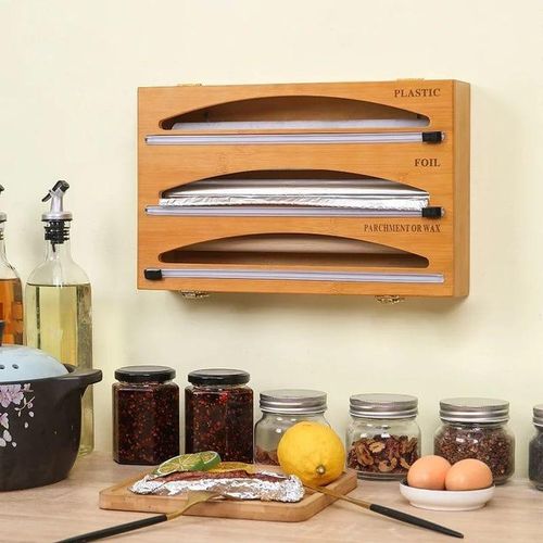 Bamboo kitchen foil wrap dispenser with cutter