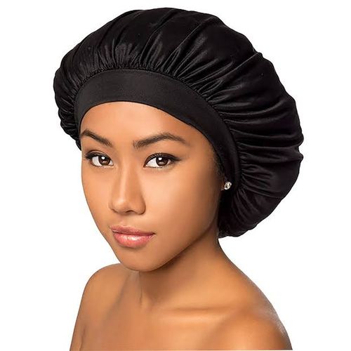 Wide Band Satin Bonnet Cap - Sleeping Cap Silky Black.