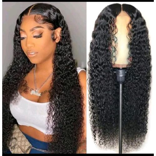 Premium 26" Black Loose Curly Deep Wave Wig Heat Resistant Synthetic Middle Part Hair Wig