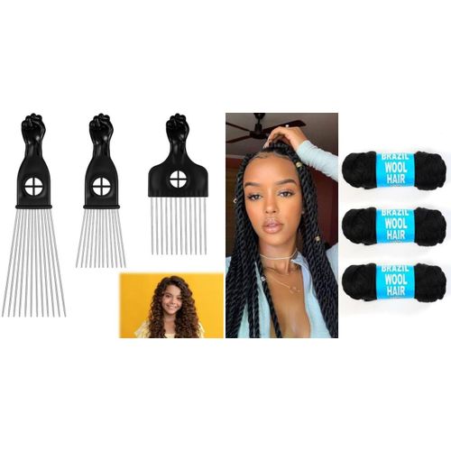 3PCS Afro Hair combs+3 free Brazilian Wool - Black pcs