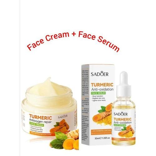 SHARE THIS PRODUCT SADOER 2 in 1 Turmeric Cream + Tumeric Serum, the Combination of Tumeric Cream and Turmeric Serum Guarantees Like Vitamin C, Deep Hydration, inhibits Acne formation, Lighten Acne Marks, Sooth