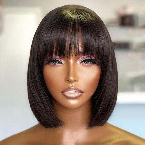 Human Hair blend 2*4 closure bob wig with bangs 250% density __black. Can be washed,blowdried and flat ironed