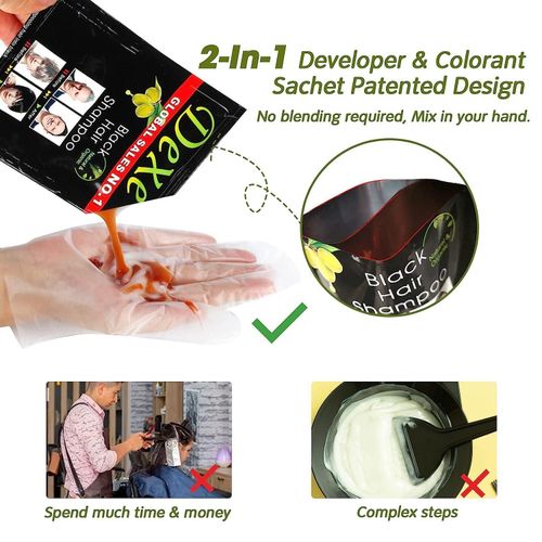 Dexe Natural BLACK Instant Hair Dye Shampoo For Grey Coverage Within A Few Minutes, Clears Dandruff, Supplements Nutrients To Hair Roots And Prevents Hair Loss For Men And Women-10 PCS Plus A FREE COMB.