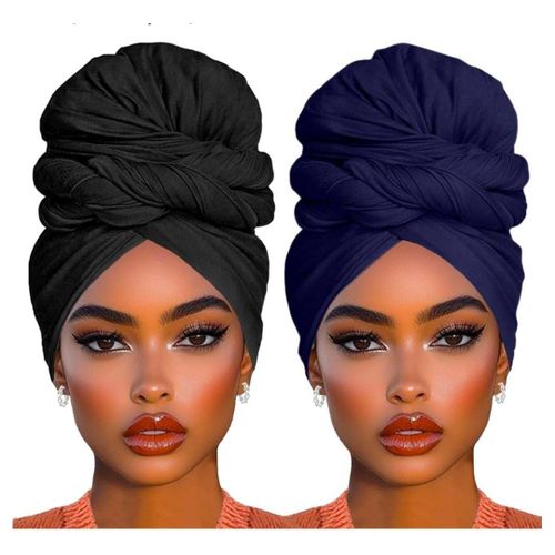 2 Piece Stretch Jersey Head Wrap Fashion Head Scarf Knit Turban Urban Hairband Long Solid Color African Shawl Long Head Band for Black Women(Black+Navy Blue)