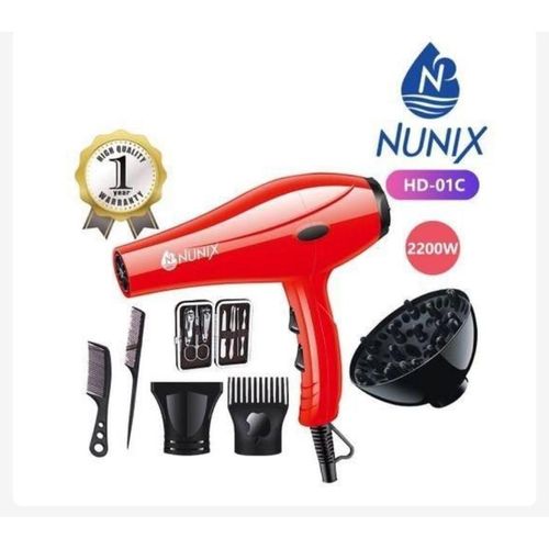 Nunix Home/ Salon Hair Dryer With 2 Selectable Speeds and 3 Heats Settings. 2200W. 1 Professional Blow Dry, 1 Curls Diffuser, 1 Manicure Set, 2 Combs, 2 Nozzles.