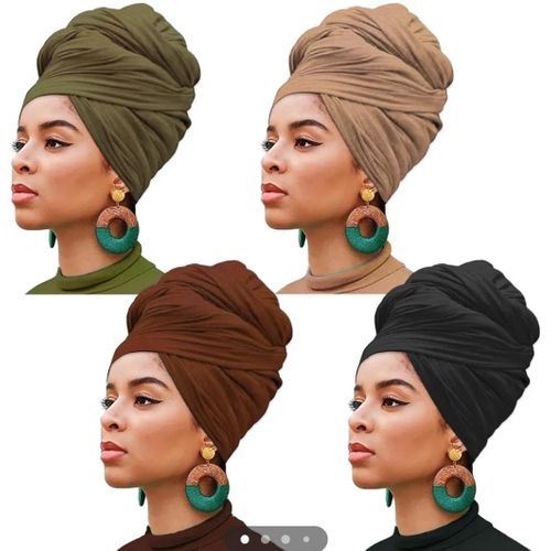 4 Pieces Stretch Head Wrap Jersey Turban Fashion Headband Solid Color Long Hair Scarf African headwraps Bohemian Soft Breathable Turbans for Women (Black, Coffee, Army Green, Camel)