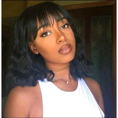 Fbk short curly hair neat bangs slightly curly clavicle hair women wigs